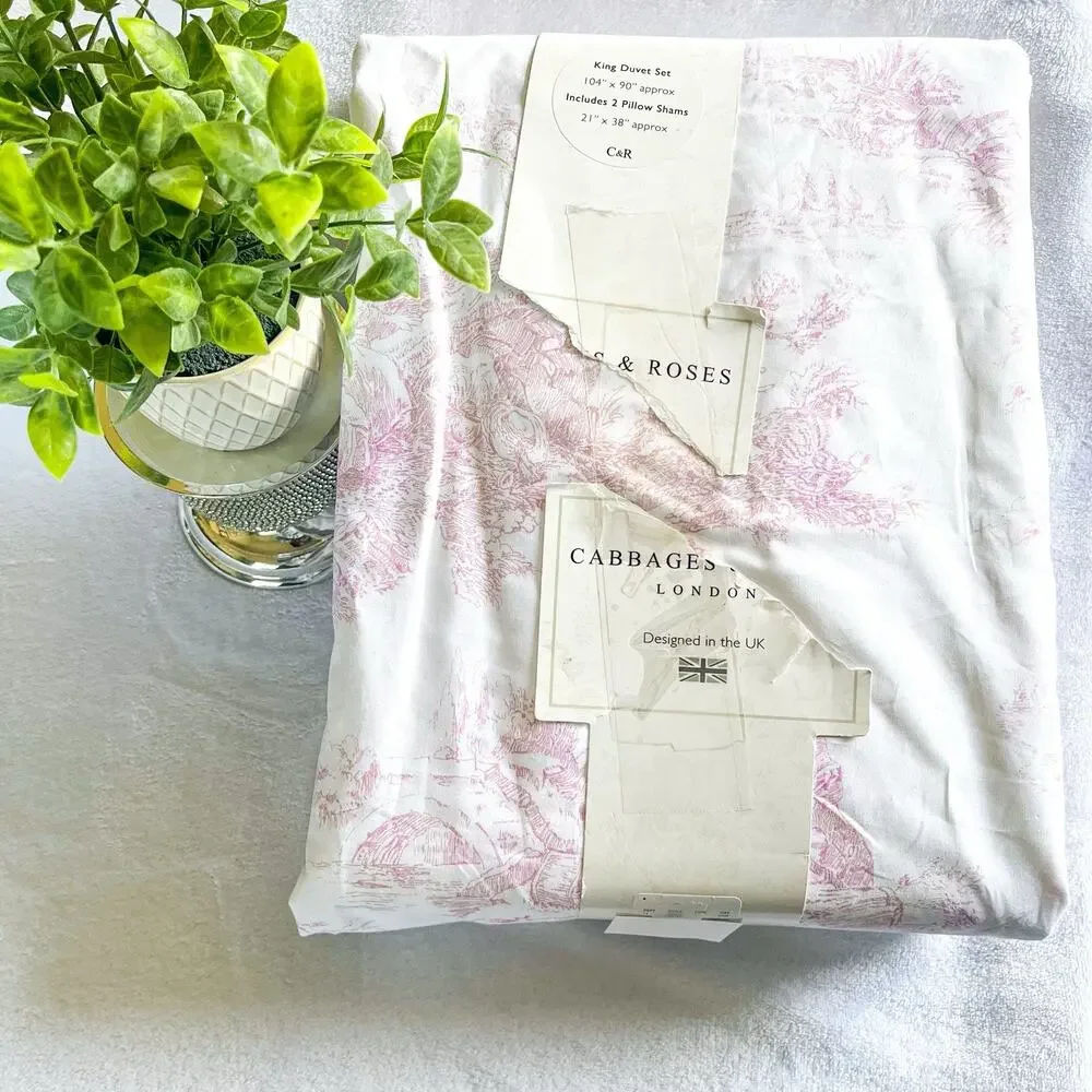 NEW Cabbages & Roses London Country Toile Cotton Duvet Set- Rose Pink, King Size